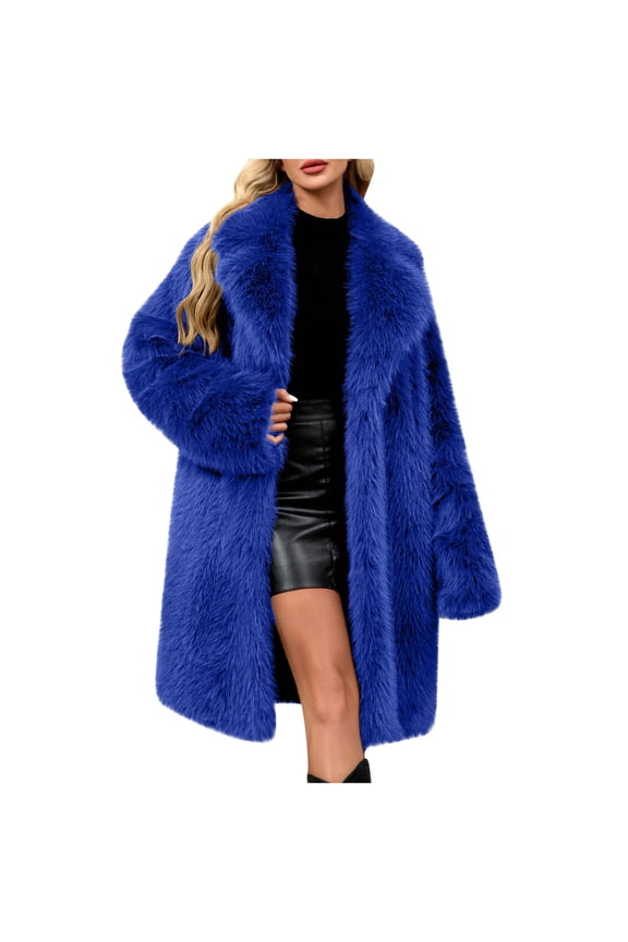 Womens Long Faux Fur Coats Fluffy Faux Fur Jacket Long Sleeve Lapel Furry Coats Fuzzy Winter Jacket Blue XS