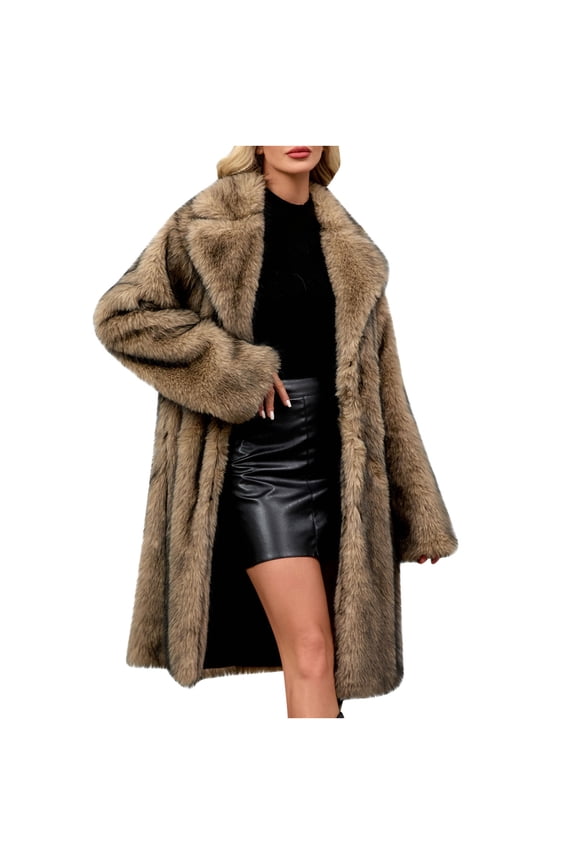 Womens Long Faux Fur Coats Fluffy Faux Fur Jacket Long Sleeve Lapel Furry Coats Fuzzy Winter Jacket Gray XS
