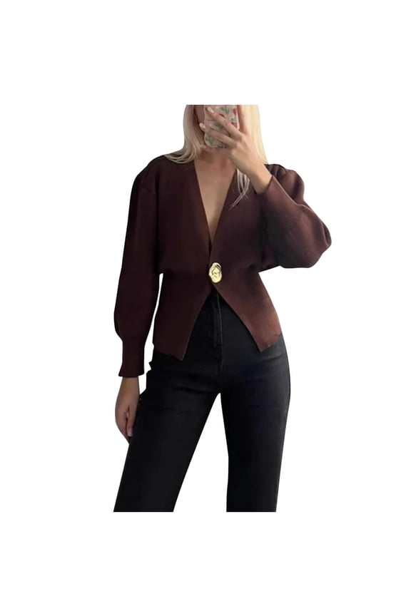 Womens Long Sleeve Blouse Zip Front Design Soft Fabric Relaxed Silhouette for Daily Wear Brown L