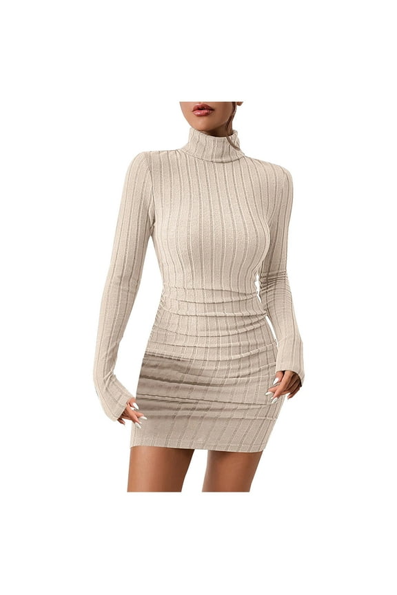 Womens Long Sleeve Bodycon Midi Dress Crew Neck Design Stretchy Fabric Relaxed Silhouette for Office Wear Beige S
