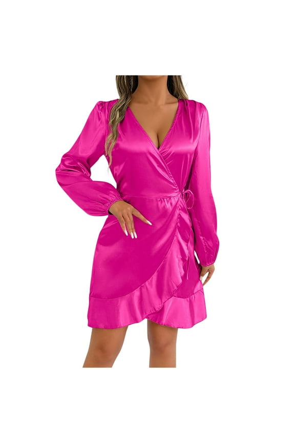 Womens Long Sleeve Bodycon Mini Dress V Neck Design Stretchy Fabric Relaxed Silhouette for Evening Events Pink XL