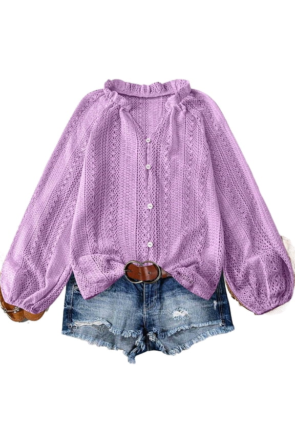 Womens Long Sleeve Button Down Shirt Casual V Neck Mandarin Collar Button Up Blouses Oversized Balloon Sleeve Tops Purple M