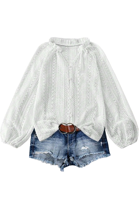 Womens Long Sleeve Button Down Shirt Casual V Neck Mandarin Collar Button Up Blouses Oversized Balloon Sleeve Tops White L