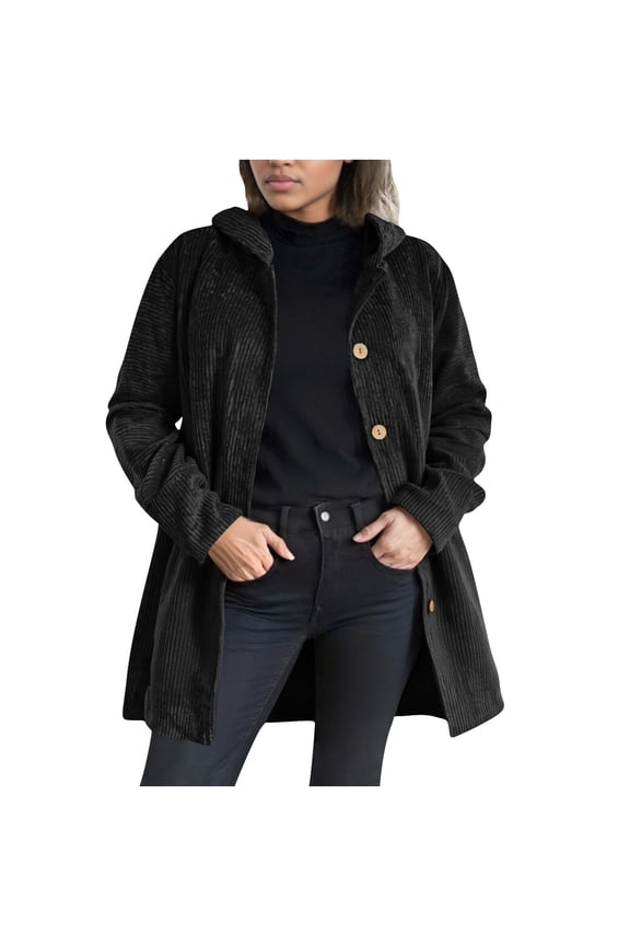 Womens Long Sleeve Corduroy Jacket Fall Button Up Hooded Coat with Pocket Trendy Loose Fit Sweatshirt Coats Black M