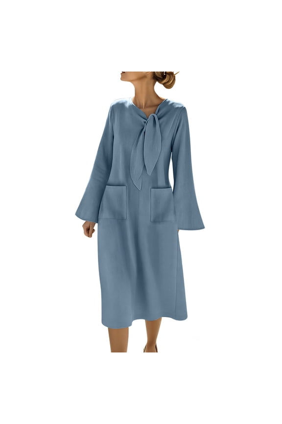 Womens Long Sleeve Cotton Maxi Dress Elegant Tie Neck High Waist Loose Fit Flowy Beach Long Dresses Blue XXXL