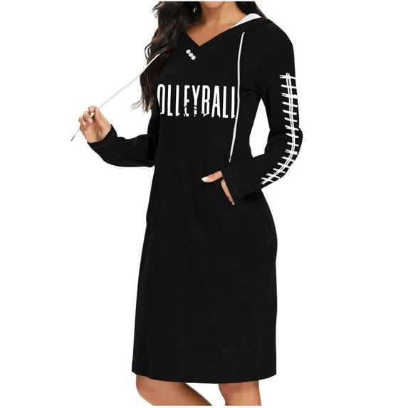 Sexlip Womens Long Sleeve Hoodie Dress Letter Print Design Warm Fabric Relaxed Silhouette for Casual Hangouts Black S