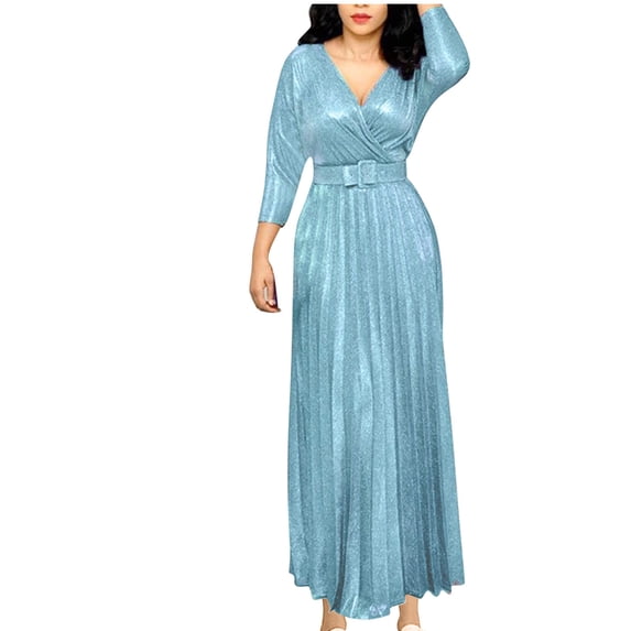 Sexlip Womens Long Sleeve Maxi Dress Metallic Sheen Design Belted Waist Flared Skirt Lightweight Fabric Formal Silhouette for Wedding Guest Attire Blue S