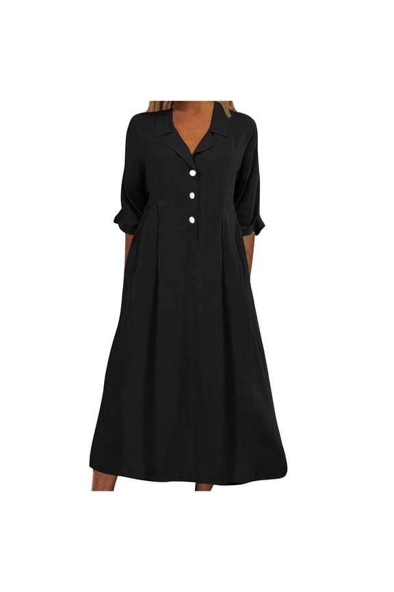Womens Long Sleeve Midi Dress Button Front Design Durable Fabric Relaxed Silhouette for Office Wear Black XL