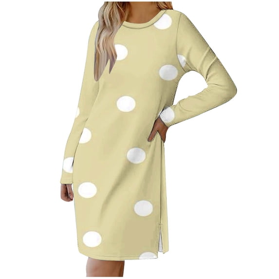 Sexlip Womens Long Sleeve Polka Dot Midi Dress V Neck Design Soft Fabric Relaxed Silhouette for Office Wear Yellow L
