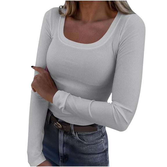 Sexlip Womens Long Sleeve Scoop Neck Ribbed Knit Fitted Casual Tops Tee Slim Basic Shirts Gray L