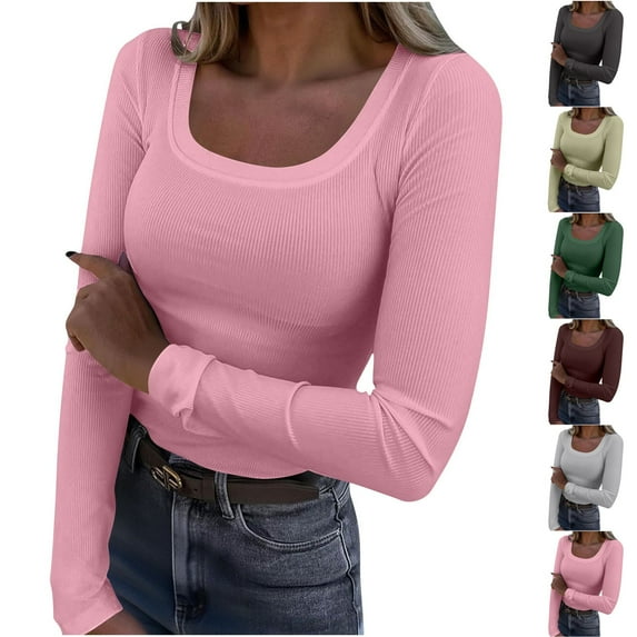 Sexlip Womens Long Sleeve Scoop Neck Ribbed Knit Fitted Casual Tops Tee Slim Basic Shirts Green L