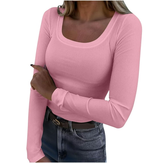 Sexlip Womens Long Sleeve Scoop Neck Ribbed Knit Fitted Casual Tops Tee Slim Basic Shirts Pink XXXL