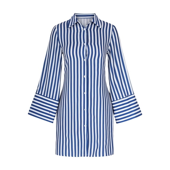Sexlip Womens Long Sleeve Shirt Dress Striped Print Design Button Front Belted Waist Lightweight Fabric Relaxed Silhouette for Daily Errands Blue XL