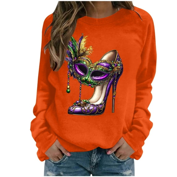 Sexlip Womens Long Sleeve Sweatshirt Decorative Shoe Print Design Soft Fabric Relaxed Silhouette for Daily Wear Orange M