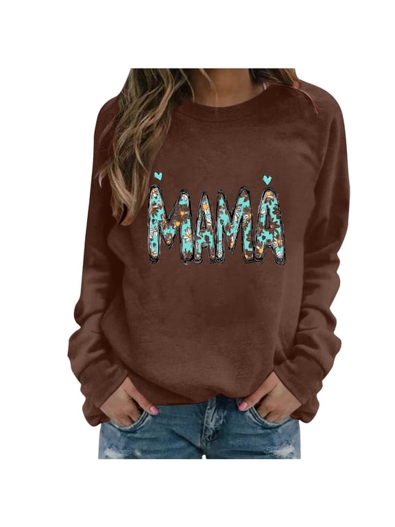 Womens Long Sleeve Sweatshirt MAMA Letter Print Design Soft Fabric Relaxed Silhouette for Daily Lounge Brown S