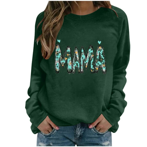 Sexlip Womens Long Sleeve Sweatshirt MAMA Letter Print Design Soft Fabric Relaxed Silhouette for Daily Lounge Green XL