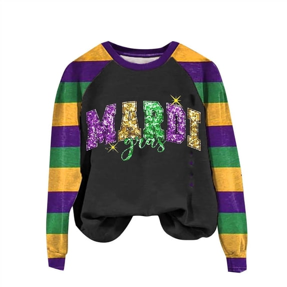Sexlip Womens Long Sleeve Sweatshirt Mardi Gras Letter Print Design Contrast Sleeve Soft Fabric Comfortable Silhouette for Casual Occasions Black M