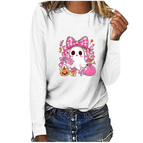 Sexlip Womens Long Sleeve Tops Casual Ribbon Graphic Shirts Blouses Loose Fit Cute Tunic Top Fall Fashion Clothes White S