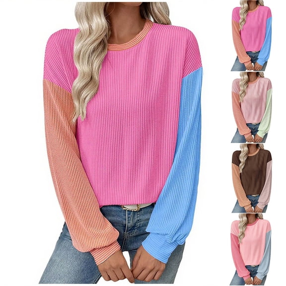 Sexlip Womens Long Sleeve Tops Fall Fashion Crewneck Color Block Ribbed Knit Casual Loose Fit Pullover Shirts Brown L