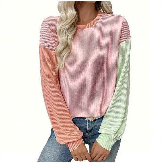 Sexlip Womens Long Sleeve Tops Fall Fashion Crewneck Color Block Ribbed Knit Casual Loose Fit Pullover Shirts Green XXL