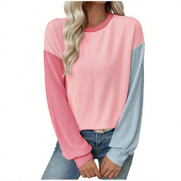 Sexlip Womens Long Sleeve Tops Fall Fashion Crewneck Color Block Ribbed Knit Casual Loose Fit Pullover Shirts Pink M