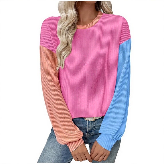 Sexlip Womens Long Sleeve Tops Fall Fashion Crewneck Color Block Ribbed Knit Casual Loose Fit Pullover Shirts Pink M