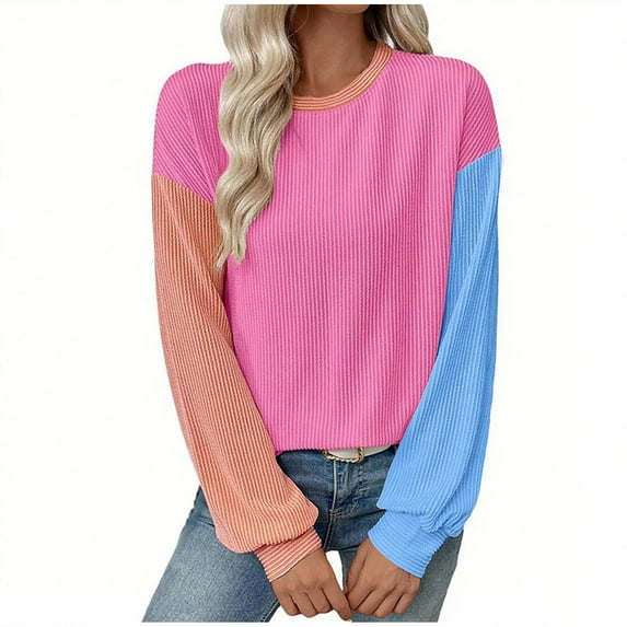 Sexlip Womens Long Sleeve Tops Fall Fashion Crewneck Color Block Ribbed Knit Casual Loose Fit Pullover Shirts Pink XXL