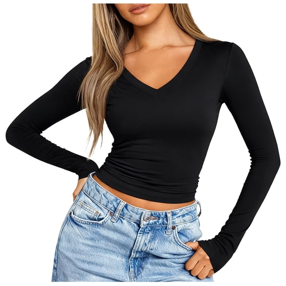 Sexlip Womens Long Sleeve V Neck Ribbed Knit Fitted Casual Tops Tee Slim Basic Shirt Black M