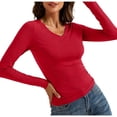 thumbnail image 1 of Sexlip Womens Long Sleeve V Neck Ribbed Knit Fitted Casual Tops Tee Slim Basic Shirt Red L, 1 of 7