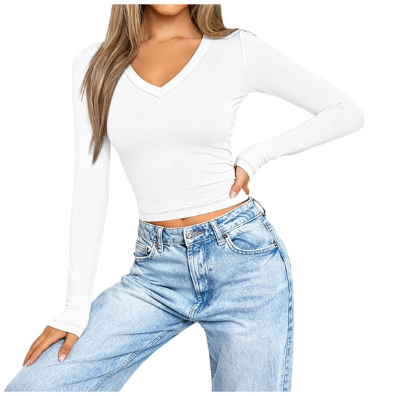 Sexlip Womens Long Sleeve V Neck Ribbed Knit Fitted Casual Tops Tee Slim Basic Shirt White L