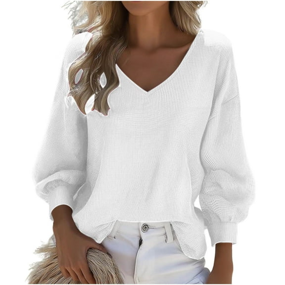 Sexlip Womens Long Sleeve V Neck Sweaters Fall Casual Classic Soft Loose Fit Basic Pullover Jumper Top White XXL