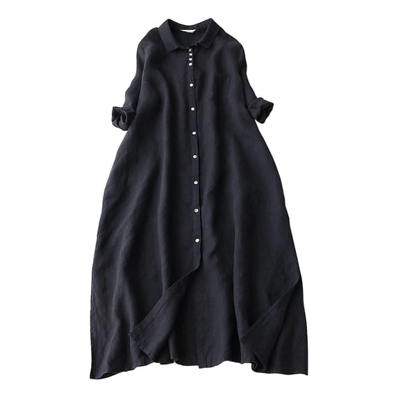 Sexlip Womens Loose Dress Long Sleeve Button Design Soft Fabric Relaxed Silhouette for Home Daily Black XL