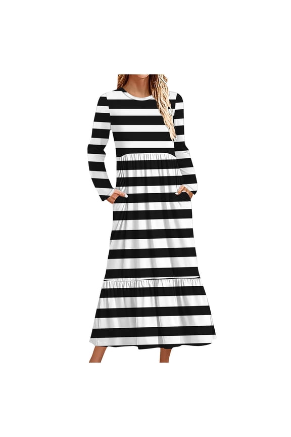 Womens Maternity Striped Maxi Dress Long Sleeve Design Stretchy Fabric Relaxed Silhouette for Daily Wear Black S