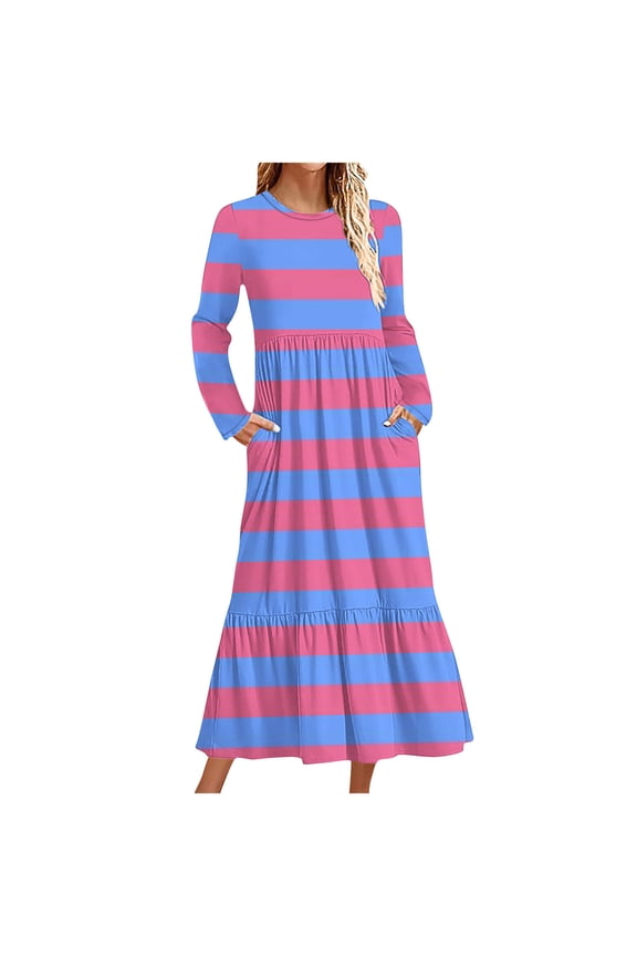 Womens Maternity Striped Maxi Dress Long Sleeve Design Stretchy Fabric Relaxed Silhouette for Daily Wear Purple S