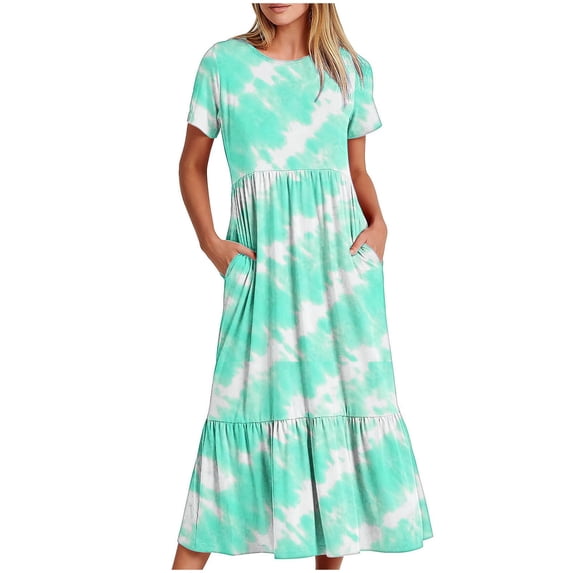 Sexlip Womens Maxi Dress Short Sleeve Tie Dye Design Light Fabric Flowy Silhouette for Outdoor Leisure Blue L
