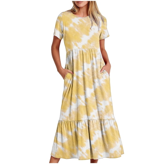 Sexlip Womens Maxi Dress Short Sleeve Tie Dye Design Light Fabric Flowy Silhouette for Outdoor Leisure Yellow S