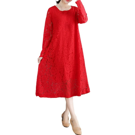 Sexlip Womens Midi Dress Long Sleeve Lace Design Soft Fabric Flared Silhouette for Formal Occasions Red XXL