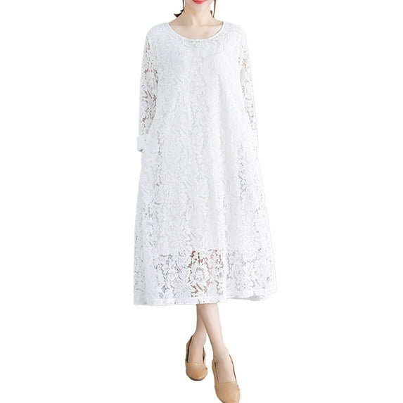 Sexlip Womens Midi Dress Long Sleeve Lace Design Soft Fabric Flared Silhouette for Formal Occasions White M