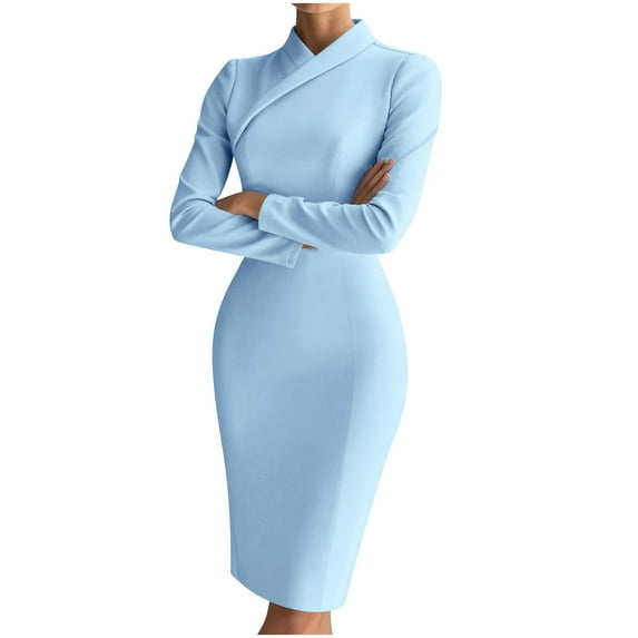 Sexlip Womens Midi Dress Long Sleeve Stand Collar Design Soft Fabric Fitted Silhouette for Office Occasions Blue S