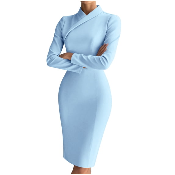Sexlip Womens Midi Dress Long Sleeve Stand Collar Design Soft Fabric Fitted Silhouette for Office Occasions Blue XL