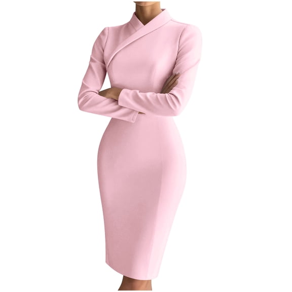 Sexlip Womens Midi Dress Long Sleeve Stand Collar Design Soft Fabric Fitted Silhouette for Office Occasions Pink XL