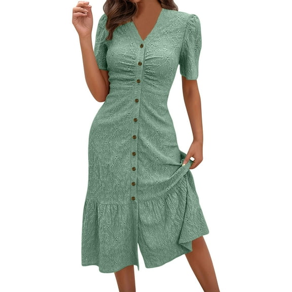 Sexlip Womens Midi Dress Short Sleeve Button Design Soft Fabric Flared Silhouette for Daily Wear Green S