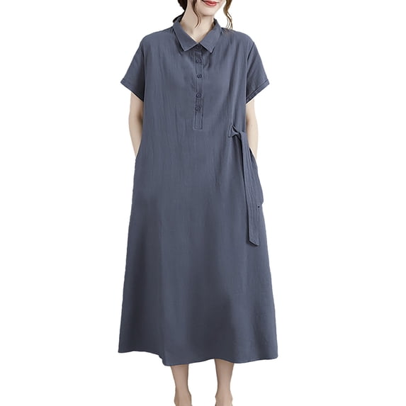 Sexlip Womens Midi Dress Short Sleeve Button Design Soft Fabric Relaxed Silhouette for Office Occasions Gray S