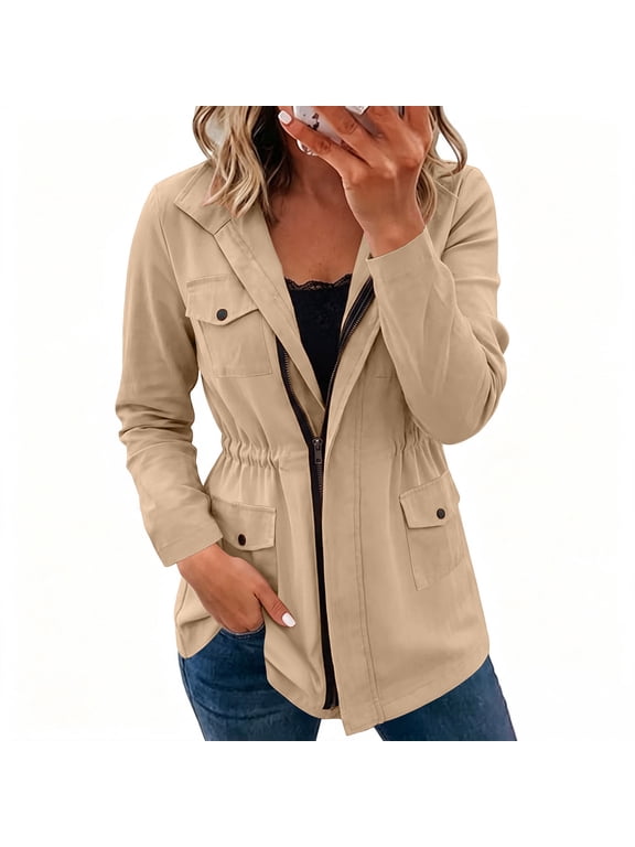 Womens Military Jacket Zip Up Snap Buttons Lightweight Windproof Utility Anorak Field Safari Coat Outwear Green XXL