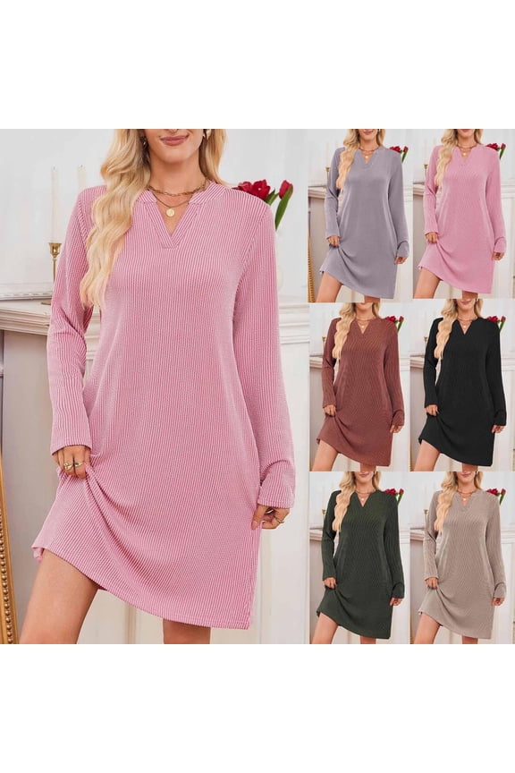 Womens Mini Dress Long Sleeve Knit Design Soft Fabric Relaxed Silhouette for Home Daily Green L