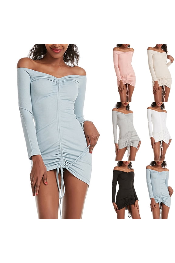 Womens Mini Dress Long Sleeve Off Shoulder Design Ruched Fabric Split Silhouette for Party Occasions Beige L