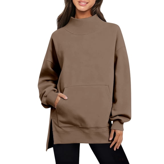 Sexlip Womens Mock Neck Blouse Long Sleeve Asymmetrical Hem Design Soft Fabric Relaxed Silhouette for Casual Occasions Brown XL