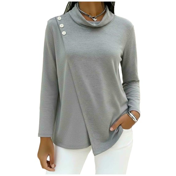 Sexlip Womens Mock Neck Blouse Long Sleeve Button Detail Design Soft Fabric Relaxed Silhouette for Daily Wear Gray S