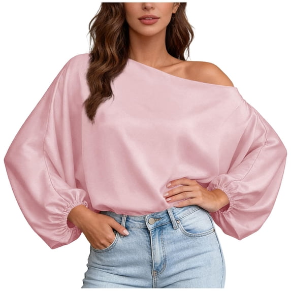 Sexlip Womens Off Shoulder Blouse Long Sleeve Puff Sleeve Design Satin Fabric Flowy Silhouette for Evening Occasions Pink L