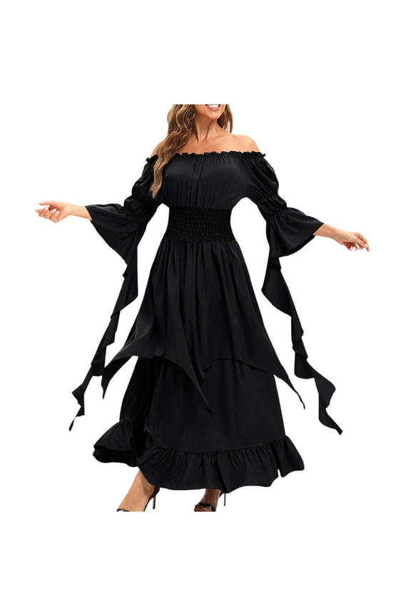 Womens Off Shoulder Flare Sleeve Swing Midi Dress Flowy Romantic Wedding Guest Tea Party Dress Black XL